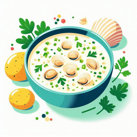 Creamy soup with clams and parsley, vector illustrationのイラスト素材