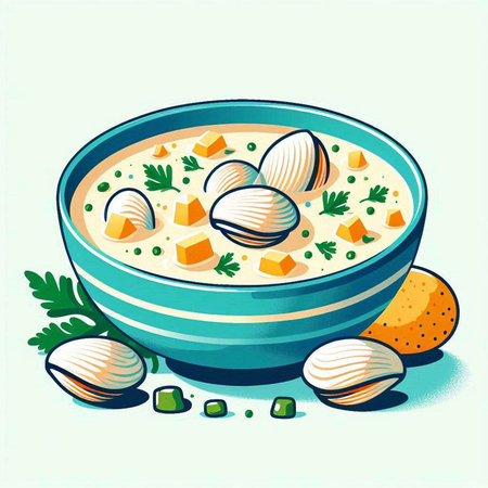 Creamy soup with clams in a bowl. Vector illustration.のイラスト素材