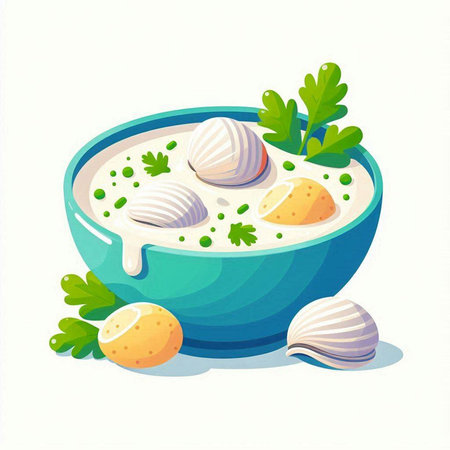 Creamy soup with dumplings and parsley. Vector illustrationのイラスト素材