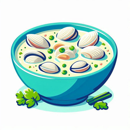 Illustration of a bowl of clam soup on a white background.のイラスト素材