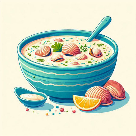 Creamy soup with clams in a bowl. Vector illustration.のイラスト素材