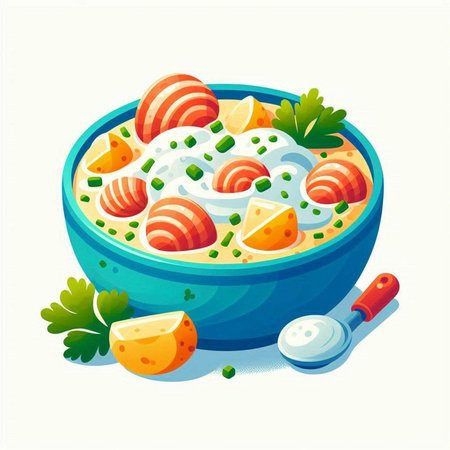 Bowl of soup with salmon and vegetables. Vector illustration in cartoon style.のイラスト素材