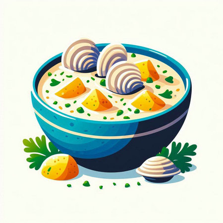 Vector illustration of a bowl of soup with potato chips and parsleyのイラスト素材