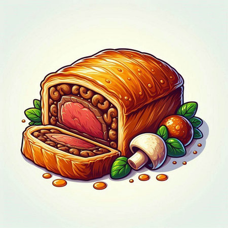 Vector illustration of a piece of bread with meat and mushrooms on a white backgroundのイラスト素材