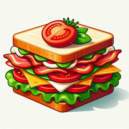 Sandwich with ham, cheese, tomato and lettuce. Vector illustration.のイラスト素材