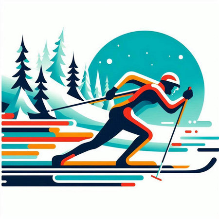 Winter sports - skier skiing in the mountains, vector illustration.のイラスト素材
