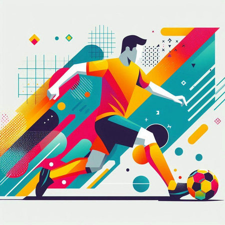 Soccer player with ball. Colorful abstract background. Vector illustration.のイラスト素材