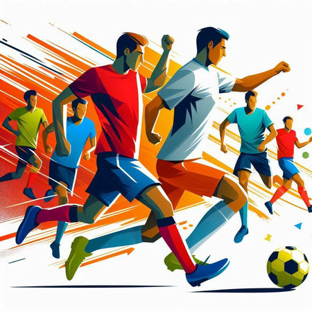 Soccer players in action. Colorful vector illustration in retro styleのイラスト素材