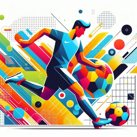 Soccer player with ball on colorful abstract background. Vector illustration.のイラスト素材