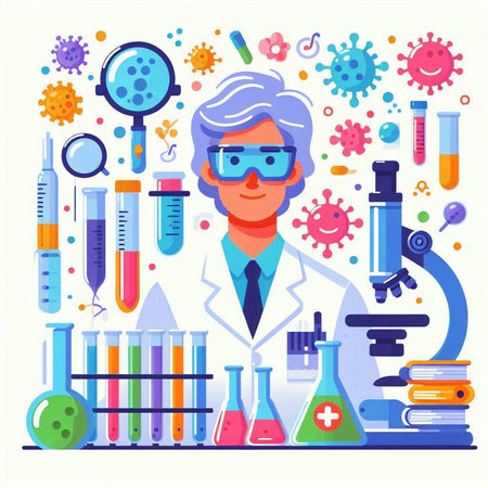 Scientist with microscope, test tube, microscope and flask. Vector illustrationのイラスト素材