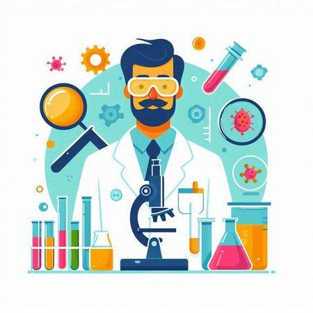 Scientist with microscope, chemical test tubes and flasks. Vector illustrationのイラスト素材