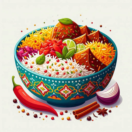 Vector illustration of oriental pilaf with rice and vegetables in bowl.のイラスト素材