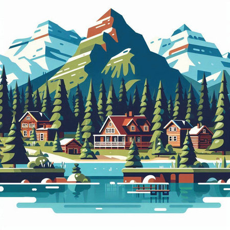 Landscape with mountains, lake, forest and wooden houses. Vector illustration.のイラスト素材