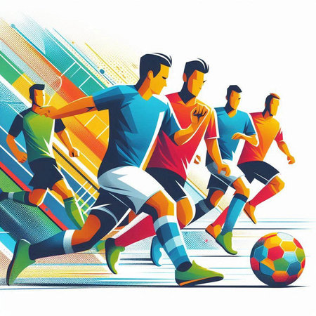 Soccer players in action, vector illustration. Colorful background.のイラスト素材