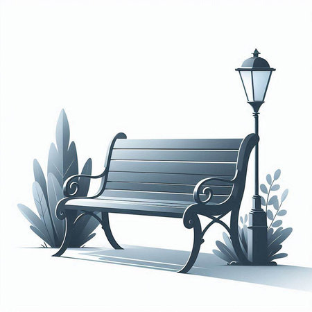 Bench in the park with a lamp and plants. Vector illustration.のイラスト素材