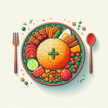 Illustration of a plate with a dish of rice and vegetables.のイラスト素材