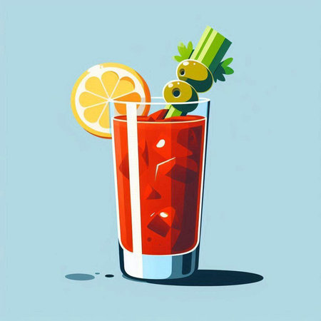 Bloody Mary cocktail with green olives and lemon, vector illustrationのイラスト素材