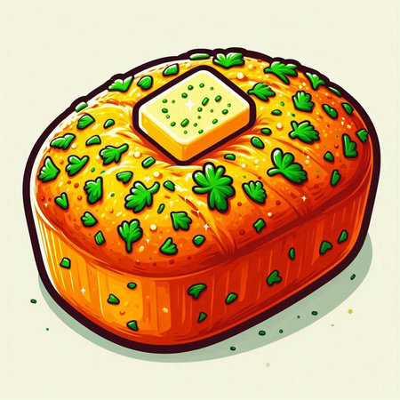 Illustration of a cartoon bread with butter and sesame seeds.のイラスト素材