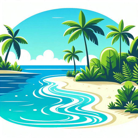 Tropical beach with palm trees and sea. Vector illustration.のイラスト素材