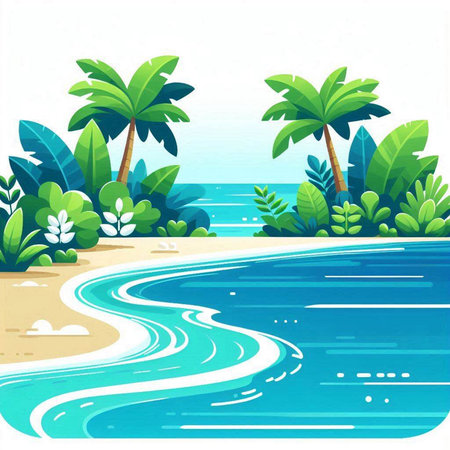 Tropical beach with palm trees and sea. Vector illustration.のイラスト素材