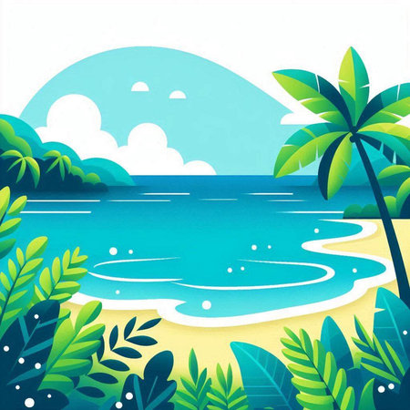 Tropical beach with palm trees and sea. Vector illustration.のイラスト素材