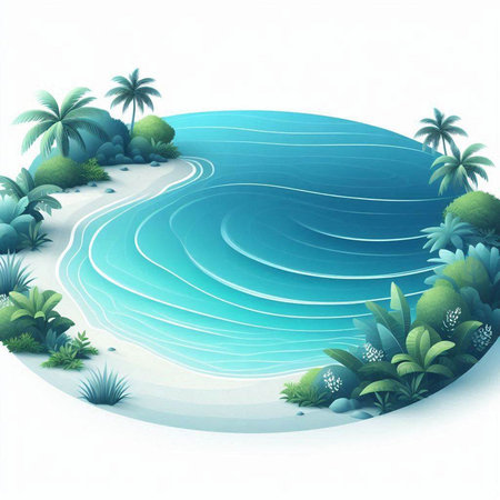Illustration of a tropical beach with palm trees and plants in the waterのイラスト素材