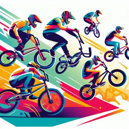 Cyclists in action. Vector illustration. Grunge background.のイラスト素材