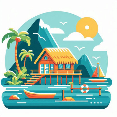 Fishing village on the island. Vector illustration in flat style.のイラスト素材