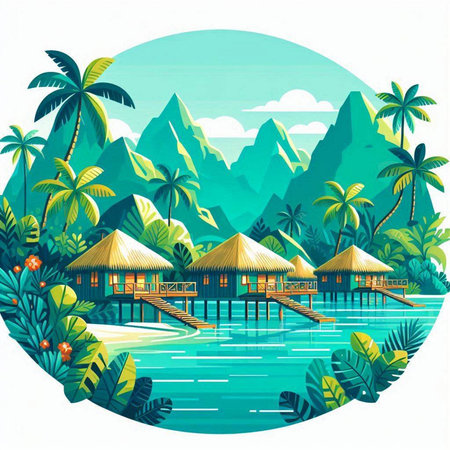 Water bungalows and palm trees in the jungle. Vector illustration.のイラスト素材