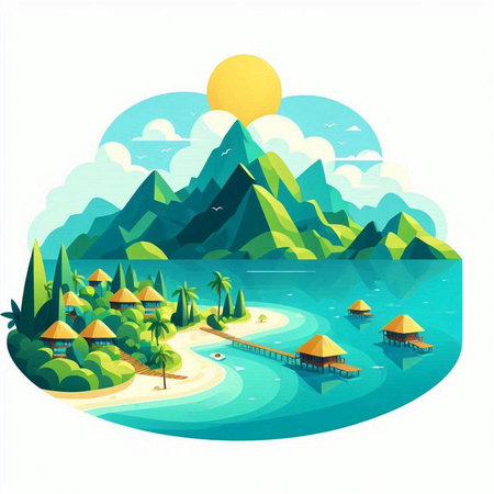 Beautiful landscape of the island. Vector illustration in flat style.のイラスト素材