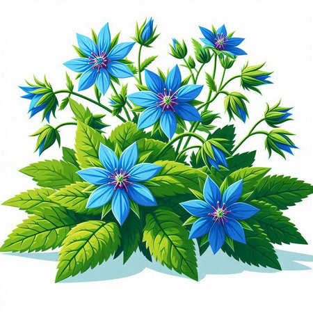 Illustration of blue flowers with green leaves on a white background.のイラスト素材