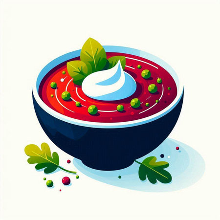 Vector illustration of a bowl of borscht with sour cream.のイラスト素材