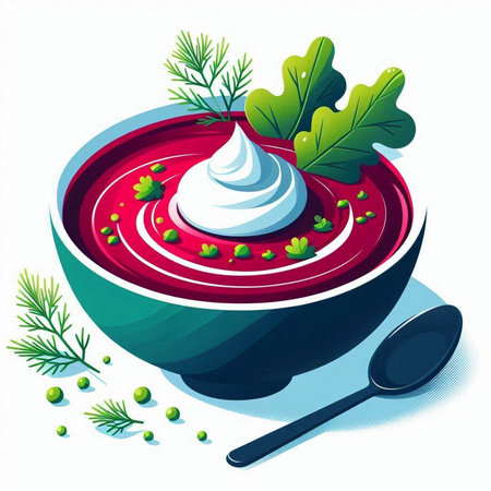 Vector illustration of a bowl of borscht with sour cream and greensのイラスト素材