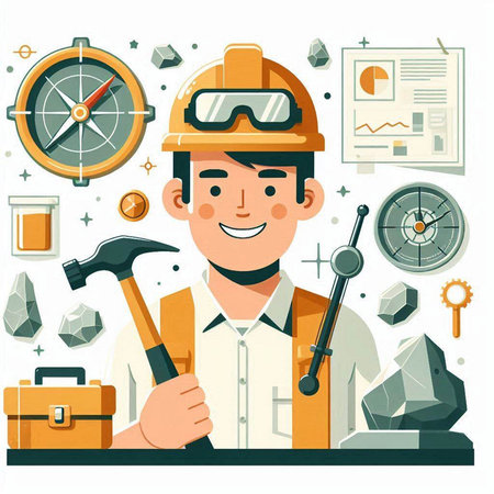 Miner with tools. Vector illustration in flat cartoon style isolated on white background.のイラスト素材