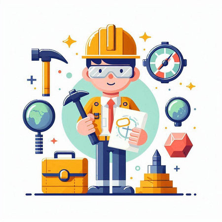 Engineer with tools. Vector illustration in cartoon style on white background.のイラスト素材