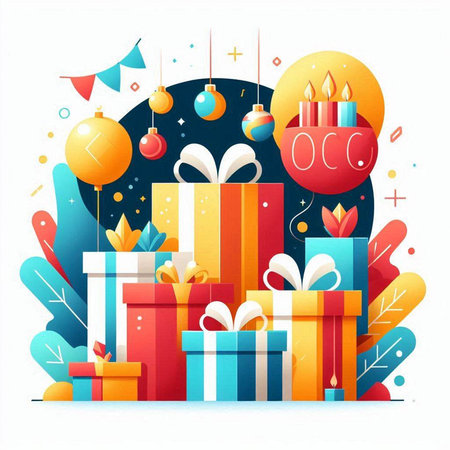 Vector illustration of New Year and Christmas background with gift boxes and decorationsのイラスト素材