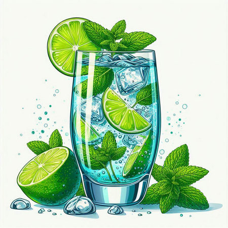 Mojito cocktail with lime, mint and ice. Vector illustration.のイラスト素材