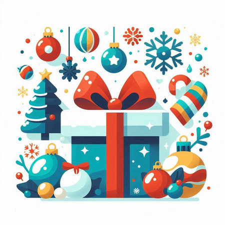 Christmas gift box with ornaments. Vector illustration in flat style.のイラスト素材