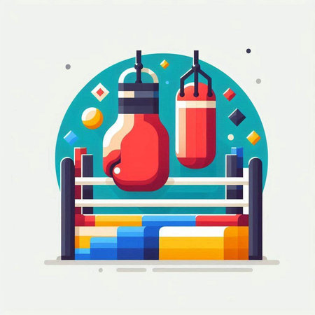 Boxing background. Vector illustration in flat design style. Boxer gloves on a rack.のイラスト素材