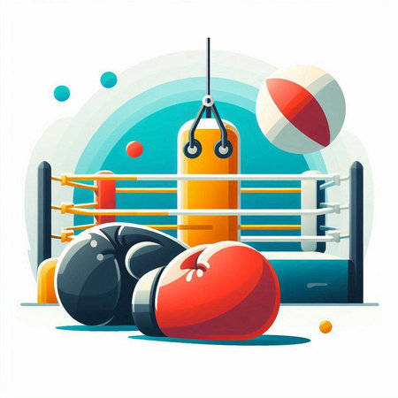 Boxing ring with gloves and balls. Vector illustration in cartoon styleのイラスト素材