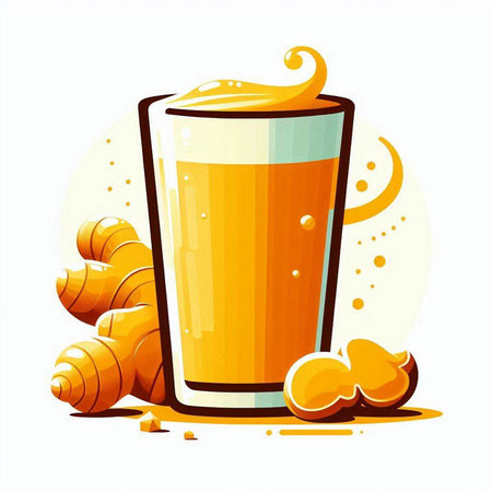 Glass of ginger juice and ginger root on white background. Vector illustration.のイラスト素材