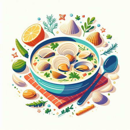 Seafood soup with clams and lemon. Vector illustration.のイラスト素材