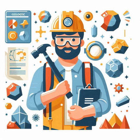 Engineer in a helmet with a hammer in his hands. Vector illustrationのイラスト素材
