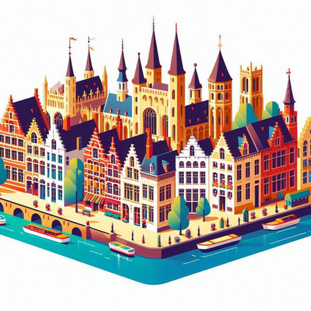 Cityscape of Amsterdam, Netherlands with canal and canals. Vector illustration.のイラスト素材