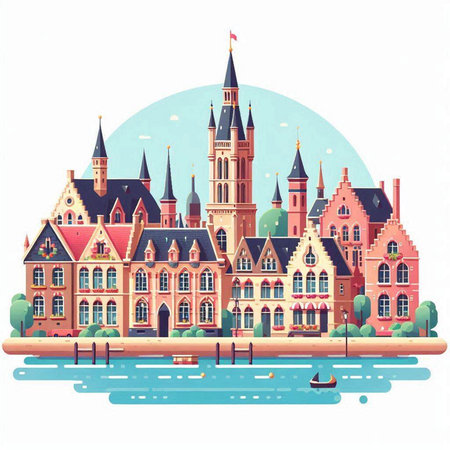 Cityscape of Bruges, Belgium, Europe. Vector illustrationのイラスト素材