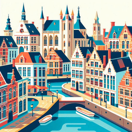 Cityscape of Amsterdam with canal and houses. Vector illustration in retro styleのイラスト素材