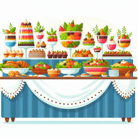 Catering buffet with fruit and cakes. Vector illustration in cartoon styleのイラスト素材