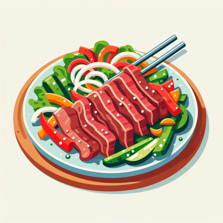 Illustration of Sliced Beef with Vegetables and Chopsticksのイラスト素材