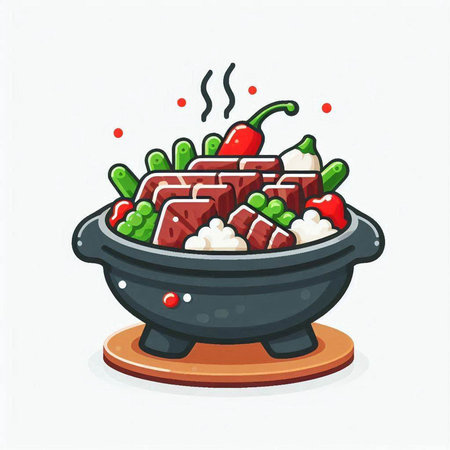 Illustration of hot pot with beef and vegetables on white background.のイラスト素材
