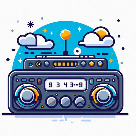 Vector illustration of retro radio in flat line style with clouds and sunのイラスト素材